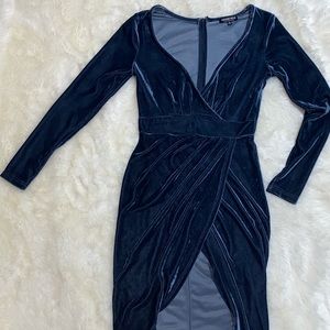 Long sleeve velvet navy blue dress
